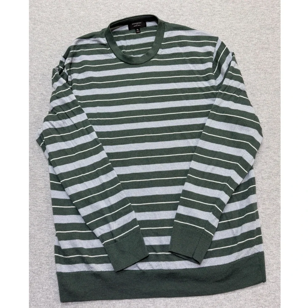 Banana Republic Mens XL Merino Wool Striped Crew Neck Sweater Green Gray 486773